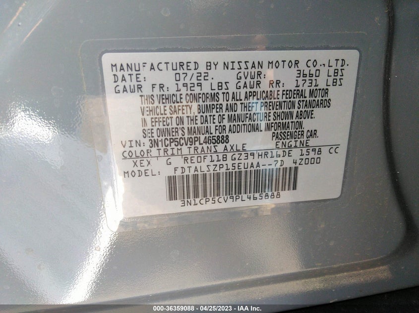 VIN 3N1CP5CV9PL465888 2023 NISSAN KICKS SV