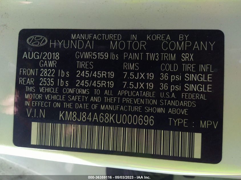 2019 HYUNDAI NEXO LIMITED KM8J84A68KU000696