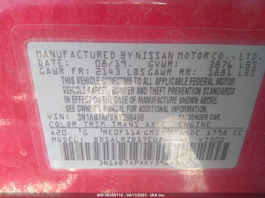 VIN 3N1AB7APXKY396498 2019 NISSAN SENTRA SR