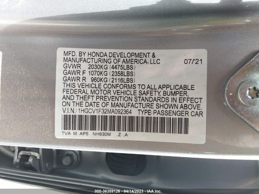 2021 HONDA ACCORD SEDAN SPORT - 1HGCV1F32MA092364