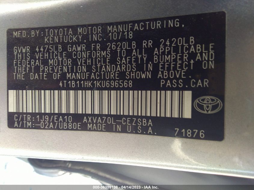 2019 TOYOTA CAMRY LE/SE/XLE/L - 4T1B11HK1KU696568