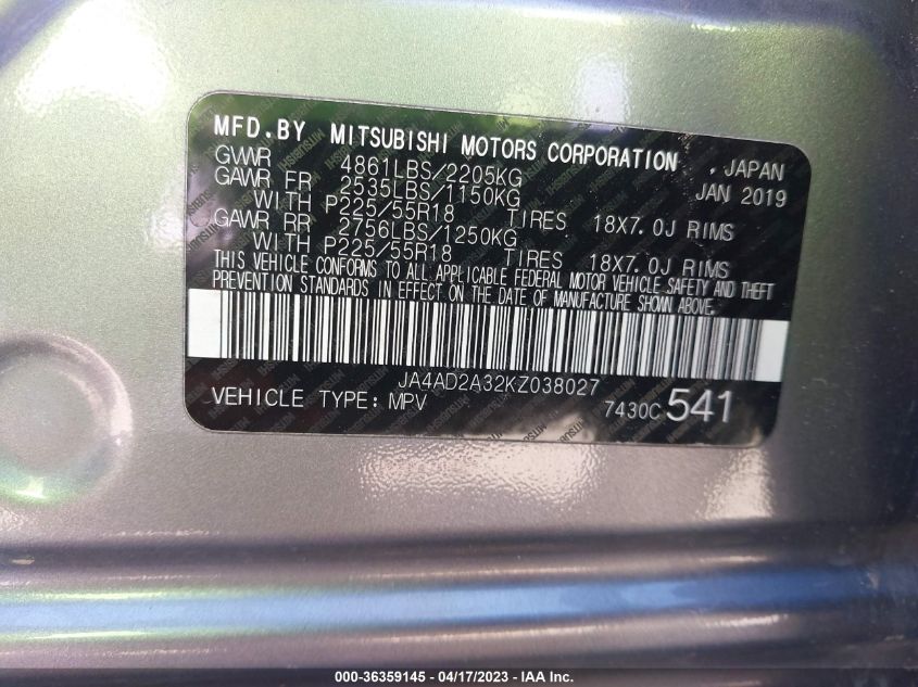 2019 MITSUBISHI OUTLANDER ES - JA4AD2A32KZ038027