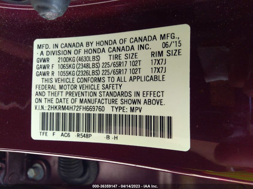 2015 HONDA CR-V EX-L - 2HKRM4H72FH669760