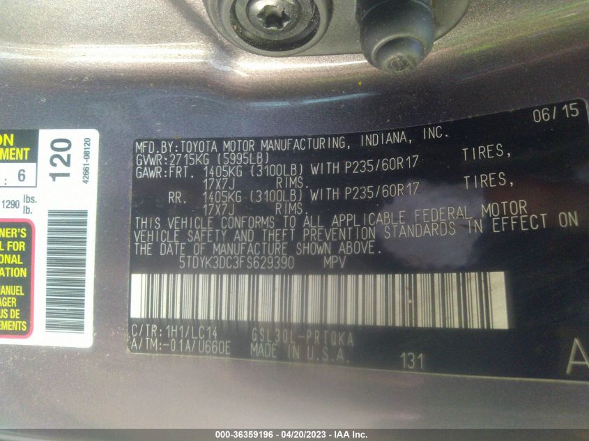 2015 TOYOTA SIENNA XLE/XLE AAS/LTD - 5TDYK3DC3FS629390