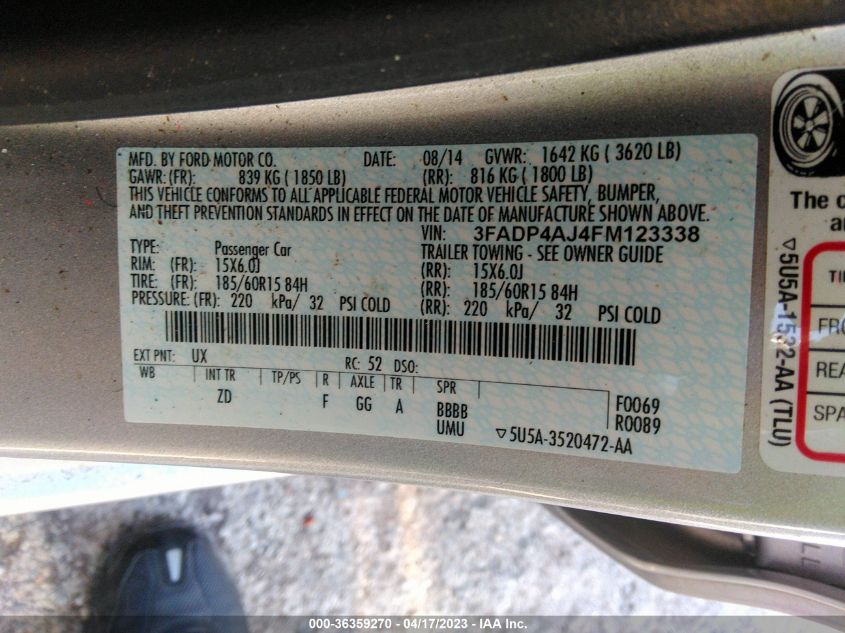 2015 FORD FIESTA S - 3FADP4AJ4FM123338