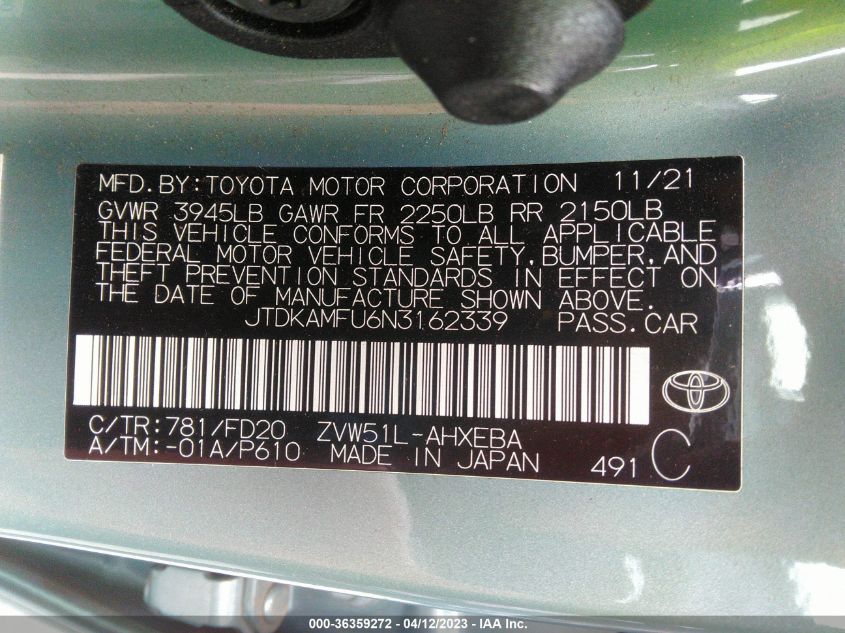 2022 TOYOTA PRIUS L - JTDKAMFU6N3162339