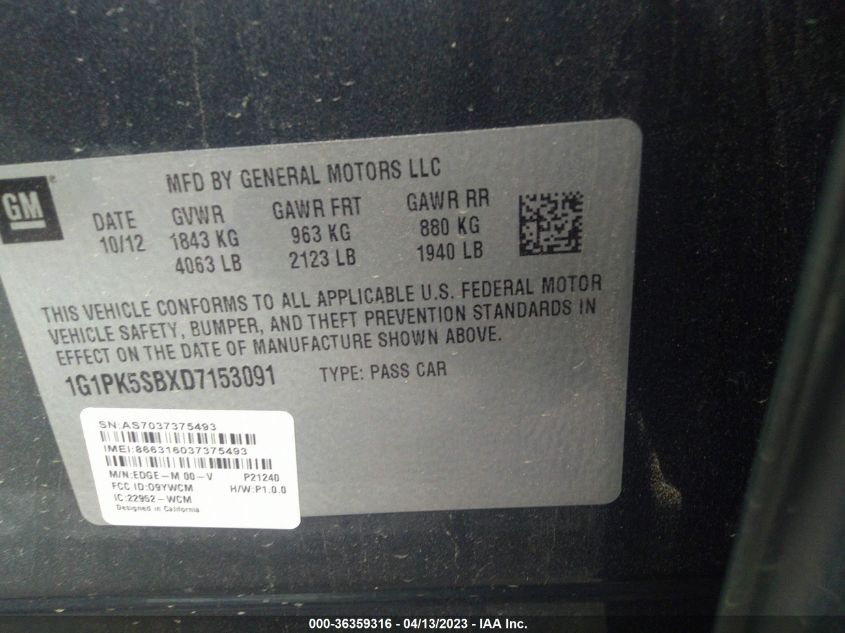 2013 CHEVROLET CRUZE LT - 1G1PK5SBXD7153091