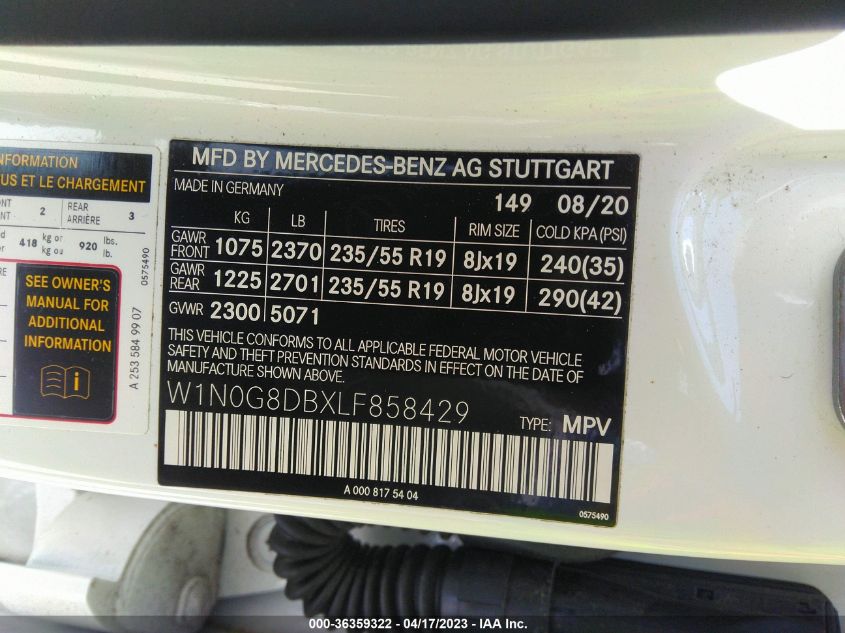 2020 MERCEDES-BENZ GLC GLC 300 - W1N0G8DBXLF858429