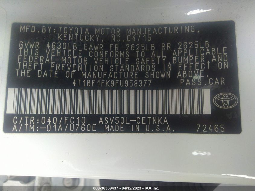 2015 TOYOTA CAMRY XLE/SE/LE/XSE - 4T1BF1FK9FU958377
