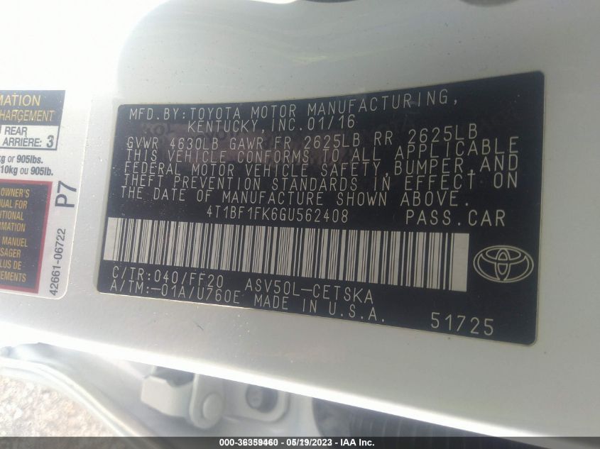 2016 TOYOTA CAMRY SE - 4T1BF1FK6GU562408