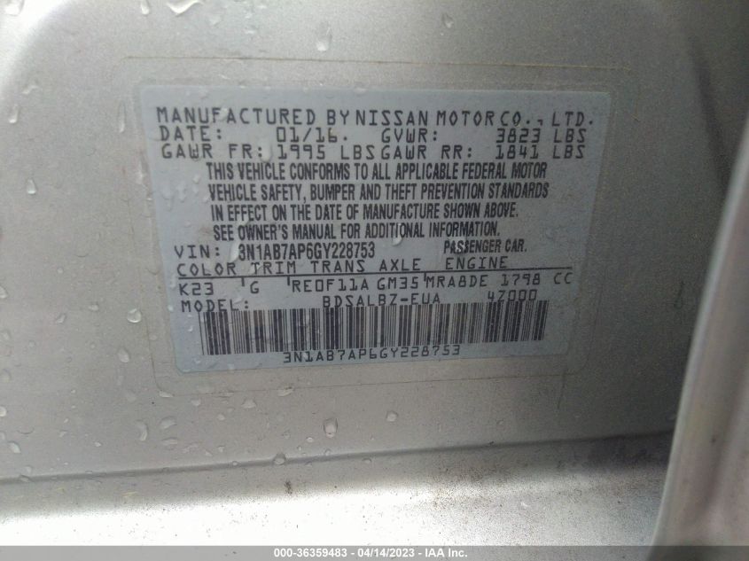 2016 NISSAN SENTRA S - 3N1AB7AP6GY228753