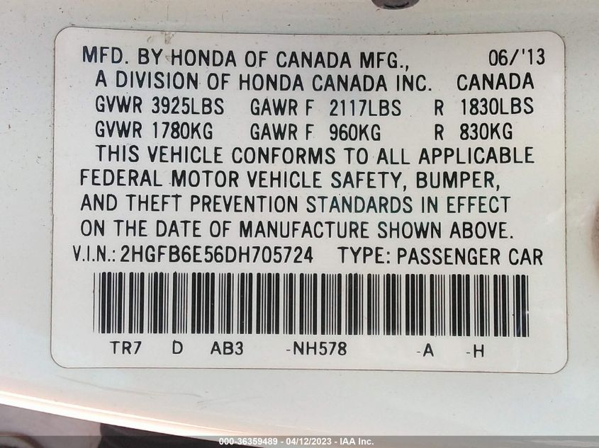 2013 HONDA CIVIC SDN SI - 2HGFB6E56DH705724