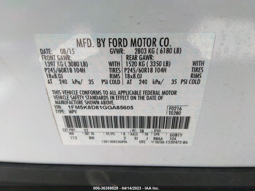 2016 FORD EXPLORER XLT - 1FM5K8D81GGA85605