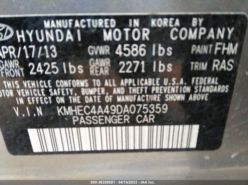 2013 HYUNDAI SONATA HYBRID LIMITED - KMHEC4A49DA075359