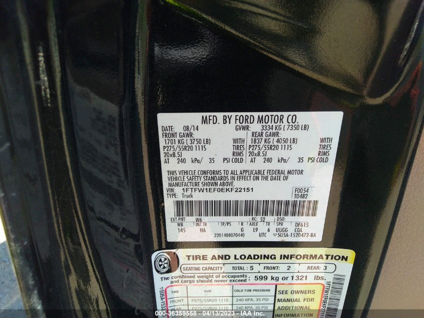 2014 FORD F-150 XL/XLT/STX/FX4/LARIAT - 1FTFW1EF0EKF22151