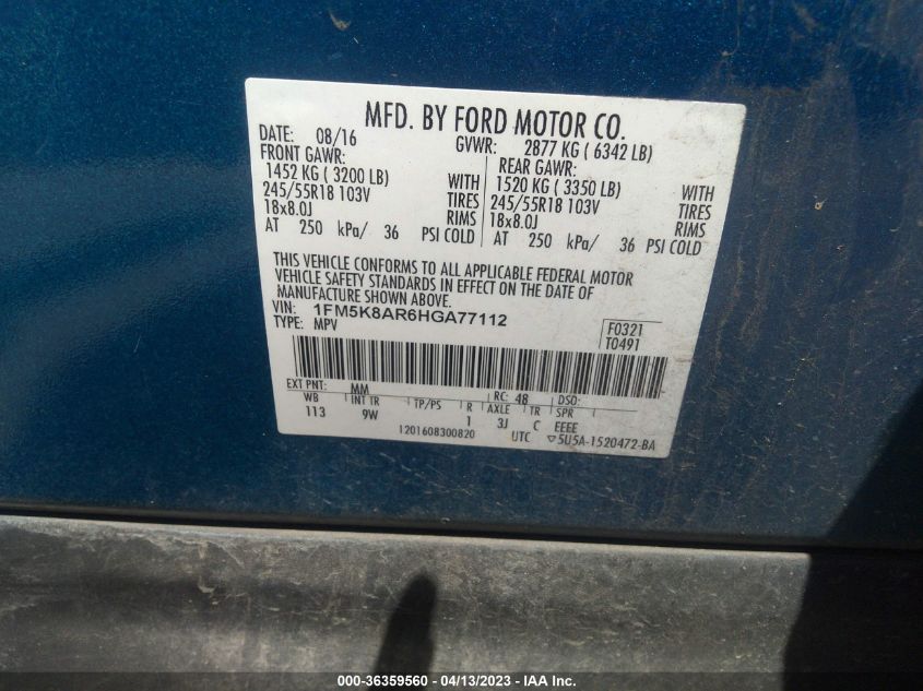 2017 FORD POLICE INTERCEPTOR - 1FM5K8AR6HGA77112