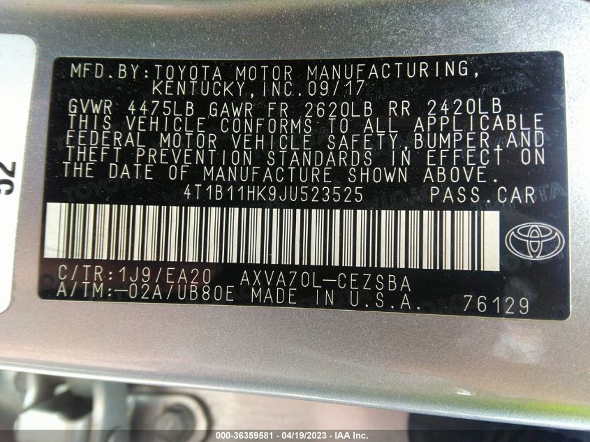 2018 TOYOTA CAMRY LE/SE/XLE/L - 4T1B11HK9JU523525