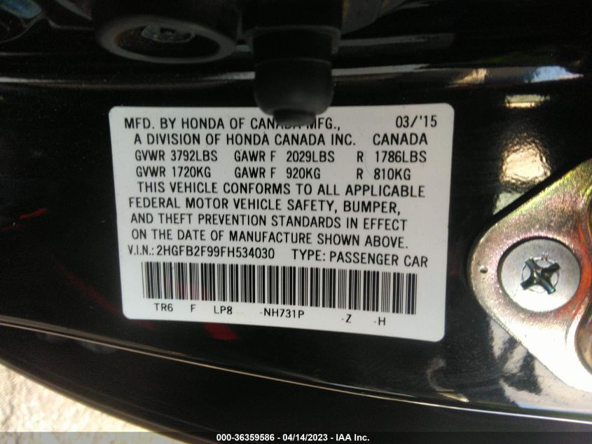 2015 HONDA CIVIC SEDAN EX-L - 2HGFB2F99FH534030