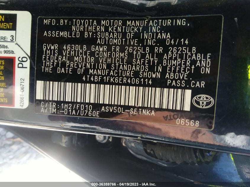 2014 TOYOTA CAMRY L/LE/XLE/SE/SE SPORT - 4T4BF1FK6ER406114