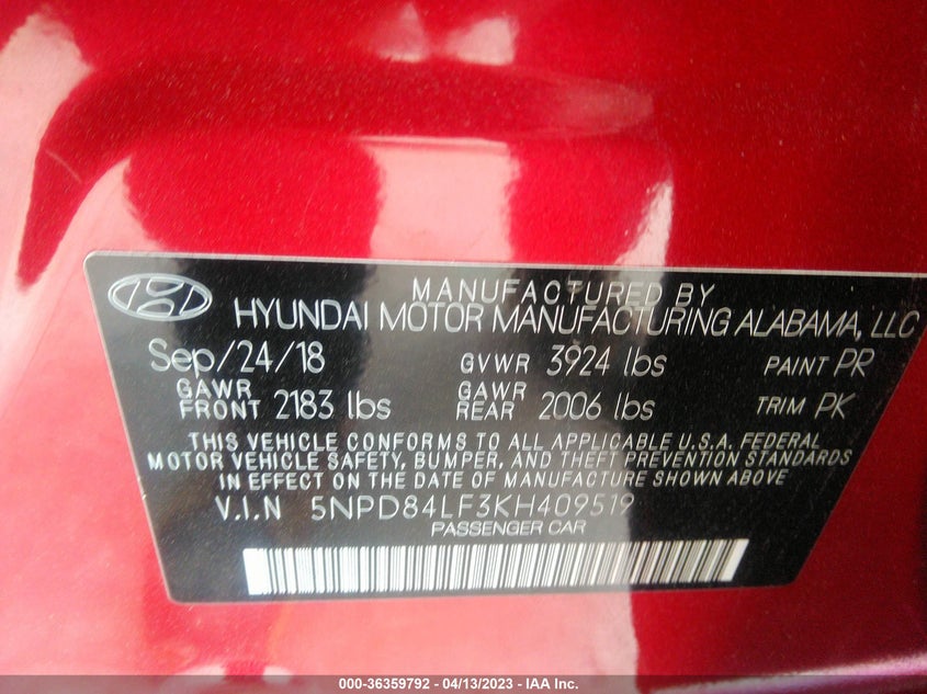 VIN 5NPD84LF3KH409519 2019 HYUNDAI ELANTRA SEL
