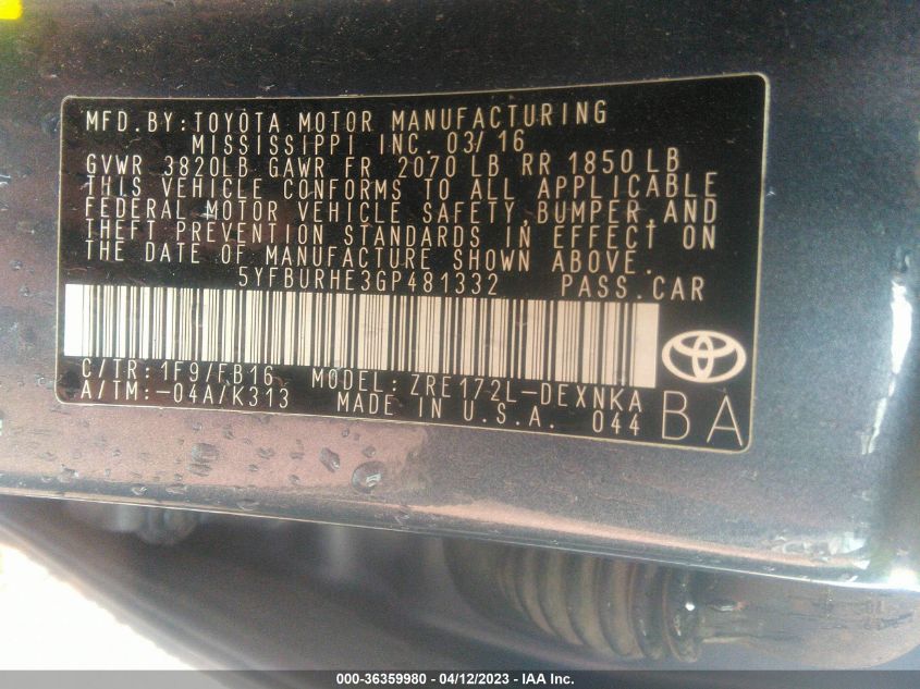 2016 TOYOTA COROLLA LE - 5YFBURHE3GP481332