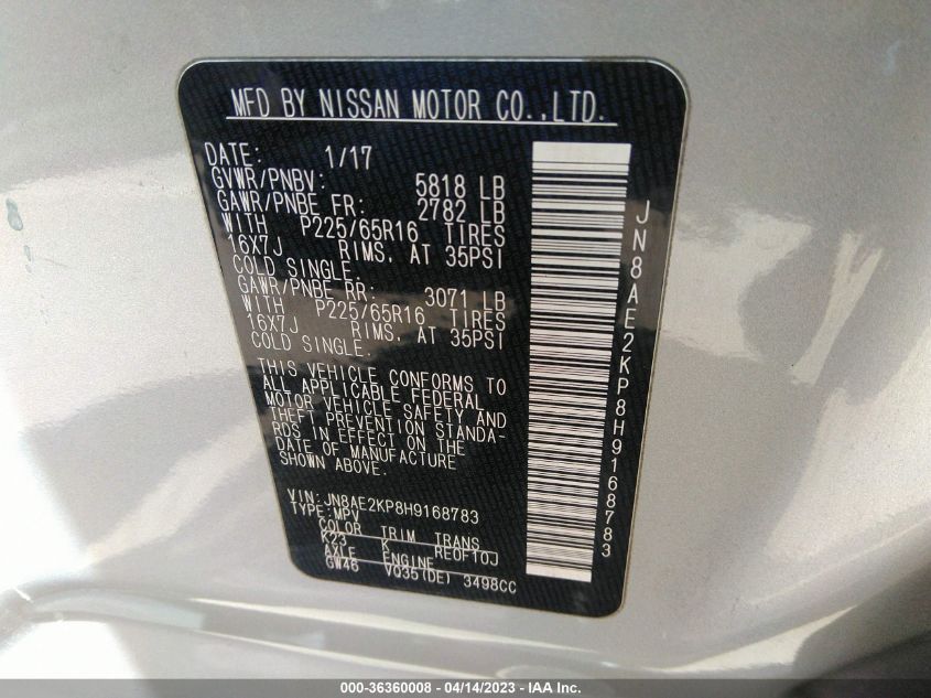 2017 NISSAN QUEST SV - JN8AE2KP8H9168783