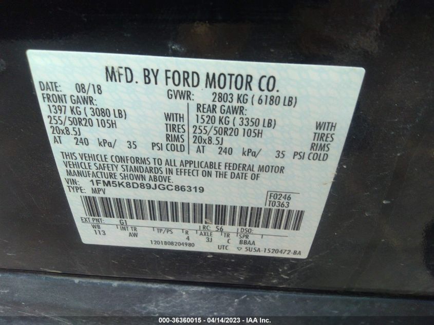 2018 FORD EXPLORER XLT - 1FM5K8D89JGC86319
