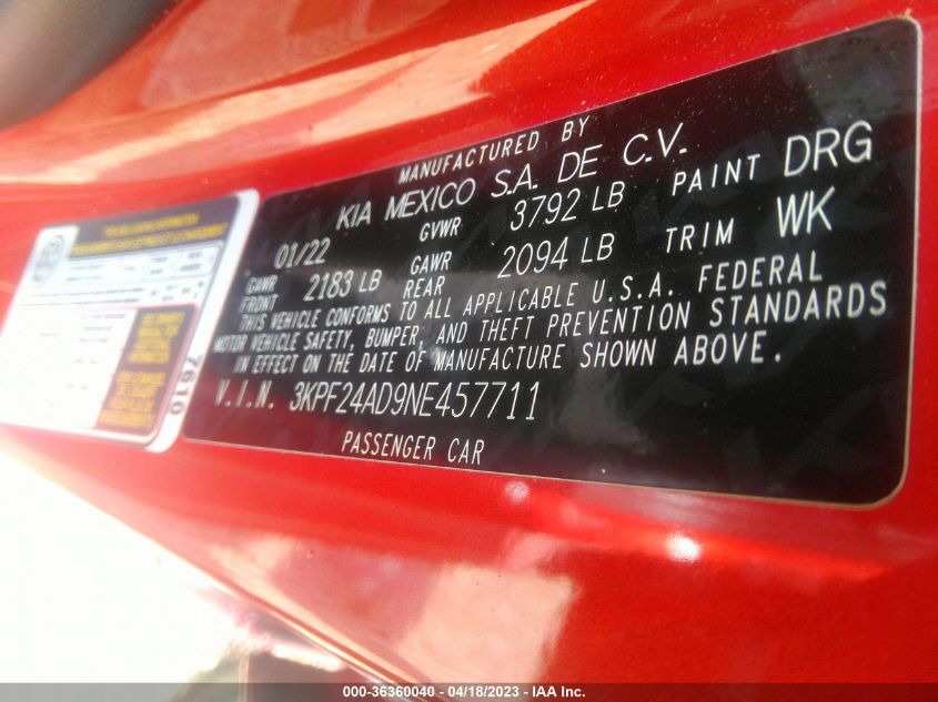 2022 KIA FORTE LXS - 3KPF24AD9NE457711