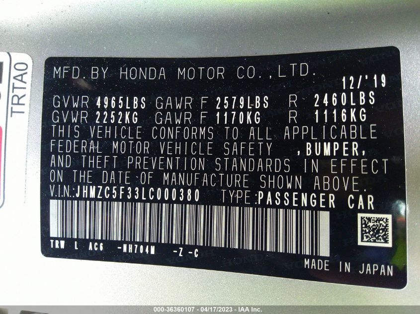 2020 HONDA CLARITY PLUG-IN HYBRID TOURING JHMZC5F33LC000380