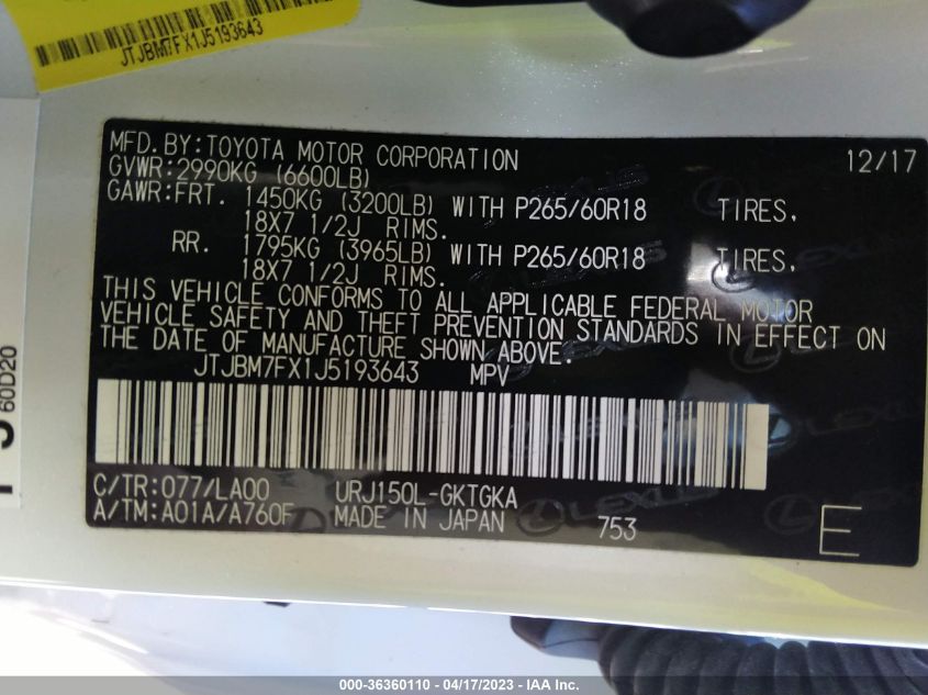 2018 LEXUS GX GX 460 JTJBM7FX1J5193643