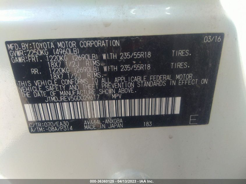 2016 TOYOTA RAV4 HYBRID LIMITED JTMDJREV5GD029617