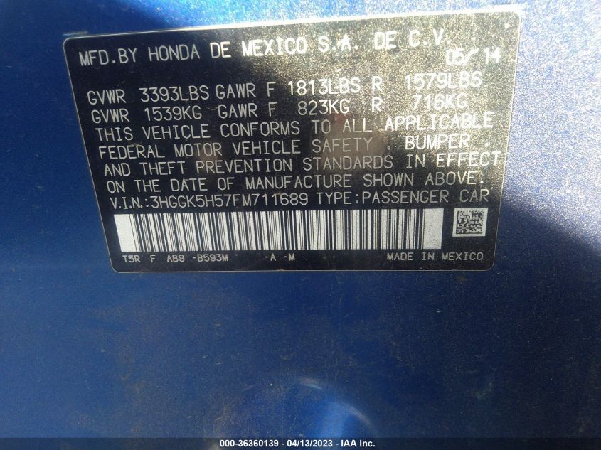 2015 HONDA FIT LX - 3HGGK5H57FM711689