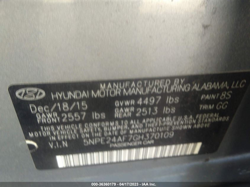 2016 HYUNDAI SONATA 2.4L SE - 5NPE24AF7GH370109
