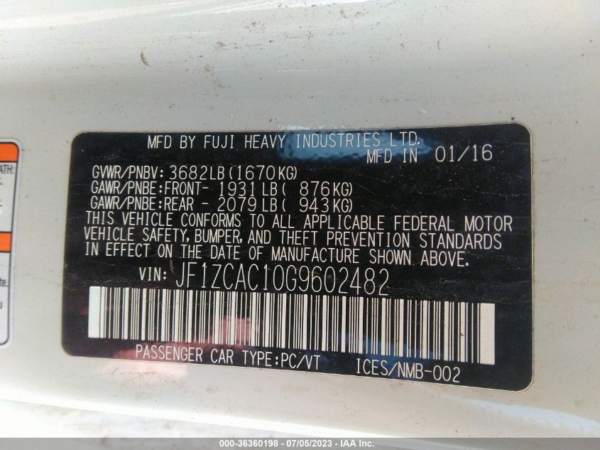 2016 SUBARU BRZ LIMITED - JF1ZCAC10G9602482