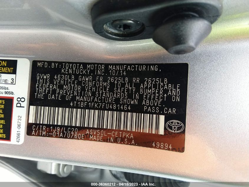 2015 TOYOTA CAMRY XLE/SE/LE/XSE - 4T1BF1FK7FU481464