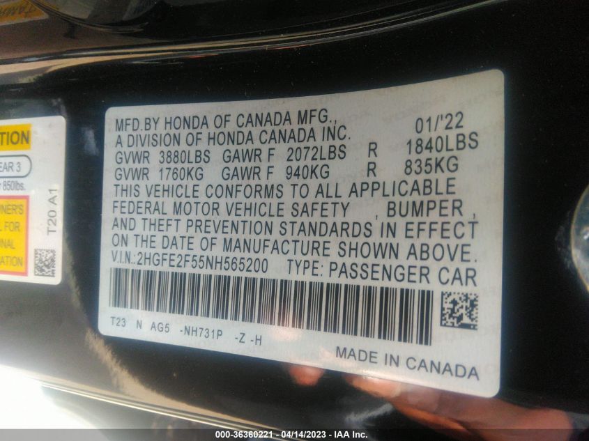 2022 HONDA CIVIC SEDAN SPORT - 2HGFE2F55NH565200