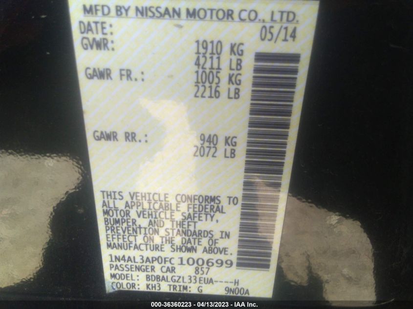 2015 NISSAN ALTIMA 2.5 S - 1N4AL3AP0FC100699