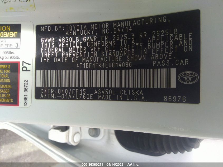 2014 TOYOTA CAMRY L/LE/XLE/SE/SE SPORT - 4T1BF1FK4EU814086