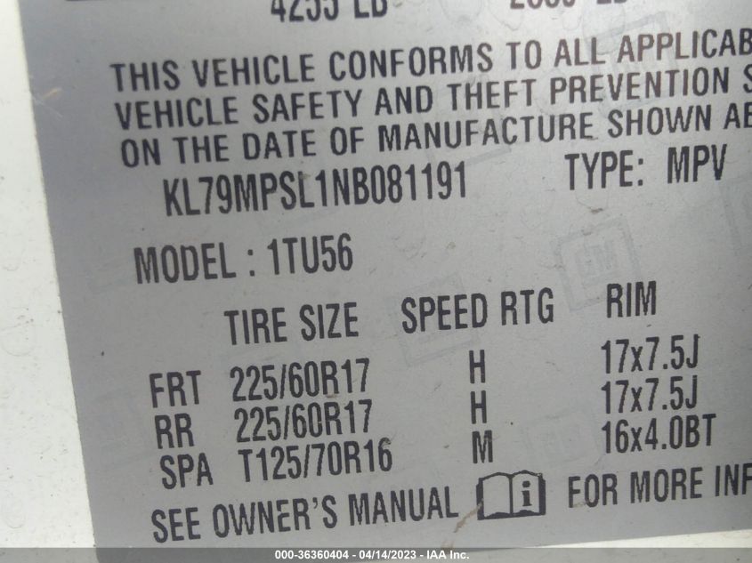2022 CHEVROLET TRAILBLAZER LT - KL79MPSL1NB081191