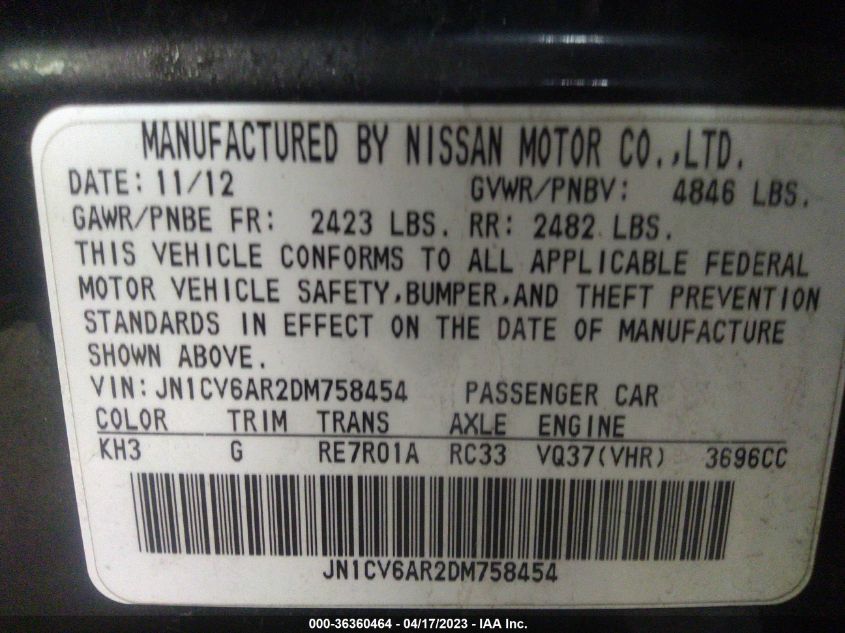 2013 INFINITI G37 SEDAN X - JN1CV6AR2DM758454