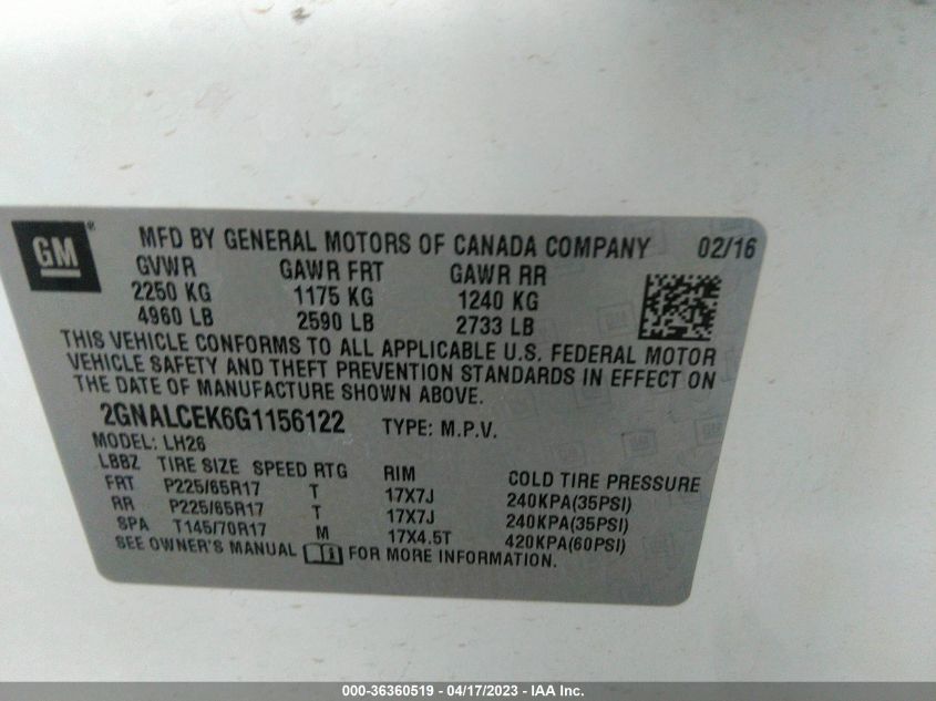 2016 CHEVROLET EQUINOX LT - 2GNALCEK6G1156122
