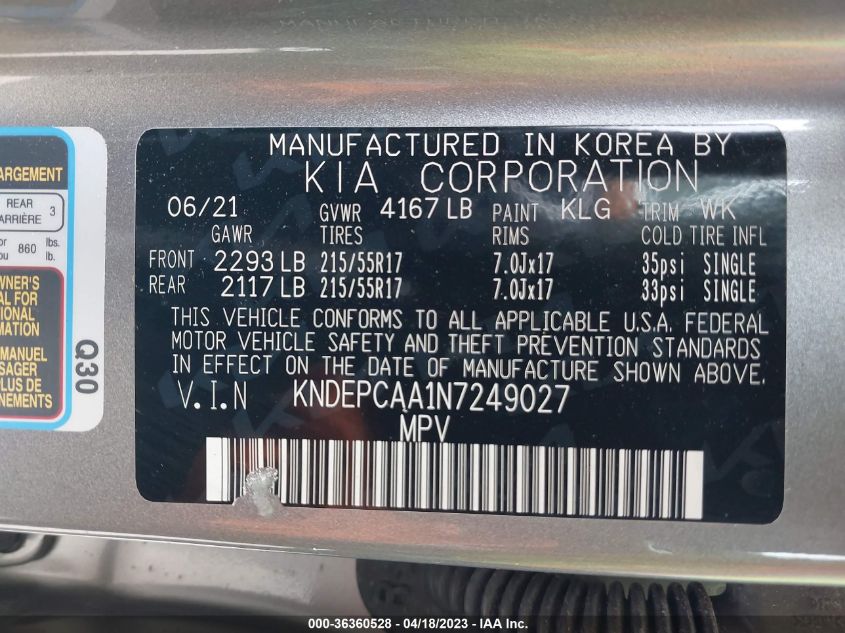 2022 KIA SELTOS LX - KNDEPCAA1N7249027
