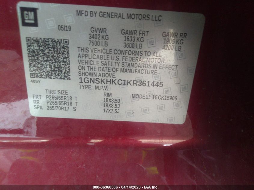 2019 CHEVROLET SUBURBAN LT - 1GNSKHKC1KR361445