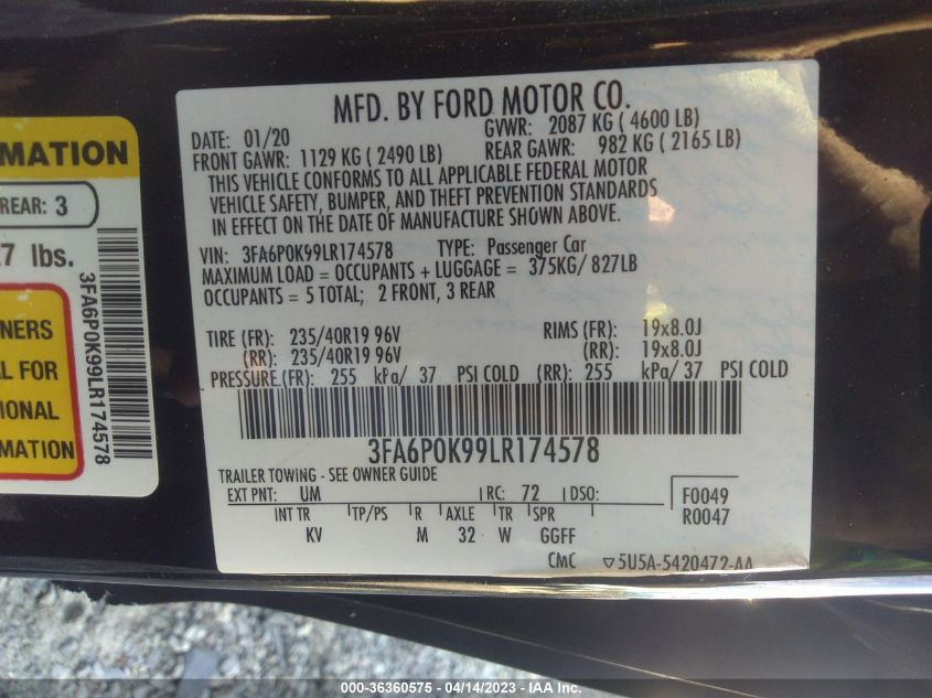 2020 FORD FUSION TITANIUM - 3FA6P0K99LR174578