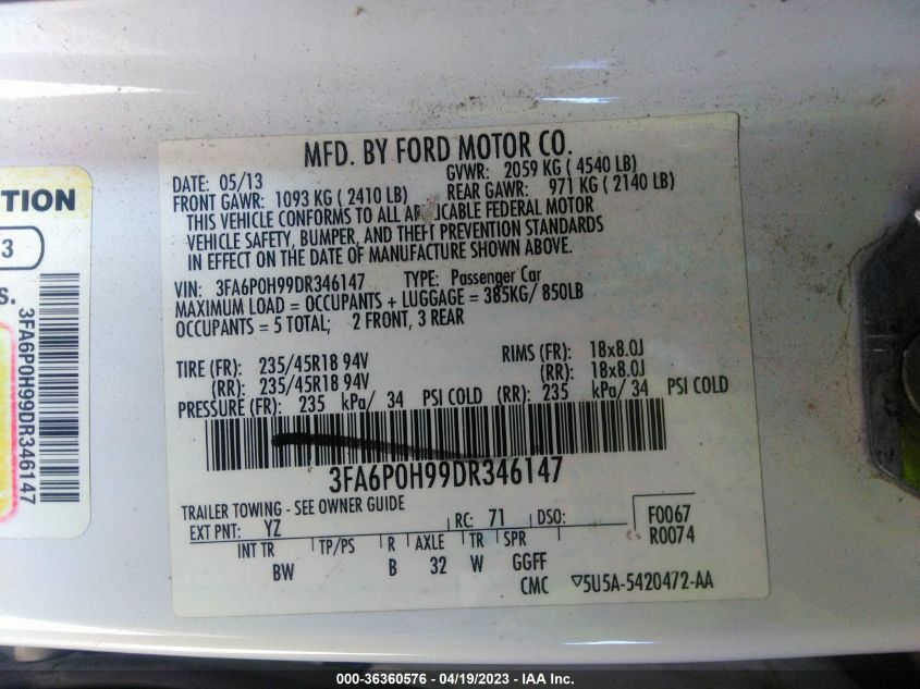 2013 FORD FUSION SE - 3FA6P0H99DR346147