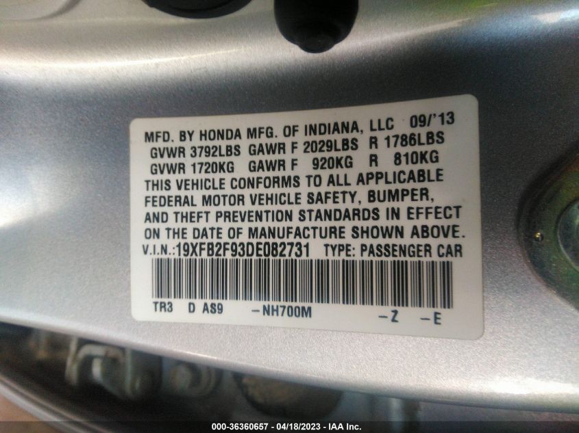 2013 HONDA CIVIC SDN EX-L - 19XFB2F93DE082731