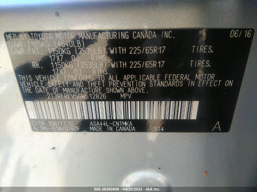 2016 TOYOTA RAV4 XLE - 2T3RFREV5GW512826