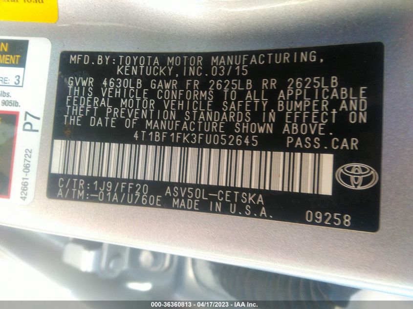 2015 TOYOTA CAMRY XLE/SE/LE/XSE - 4T1BF1FK3FU052645