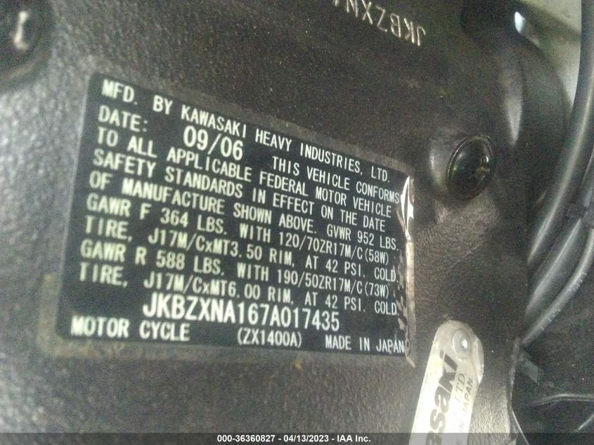 2007 KAWASAKI ZX1400 A JKBZXNA167A017435