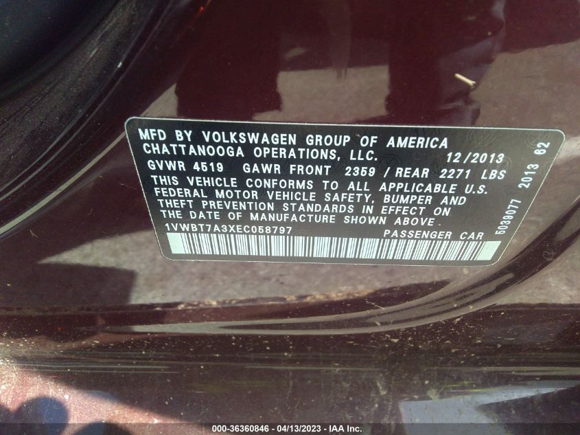 2014 VOLKSWAGEN PASSAT SE W/SUNROOF - 1VWBT7A3XEC058797